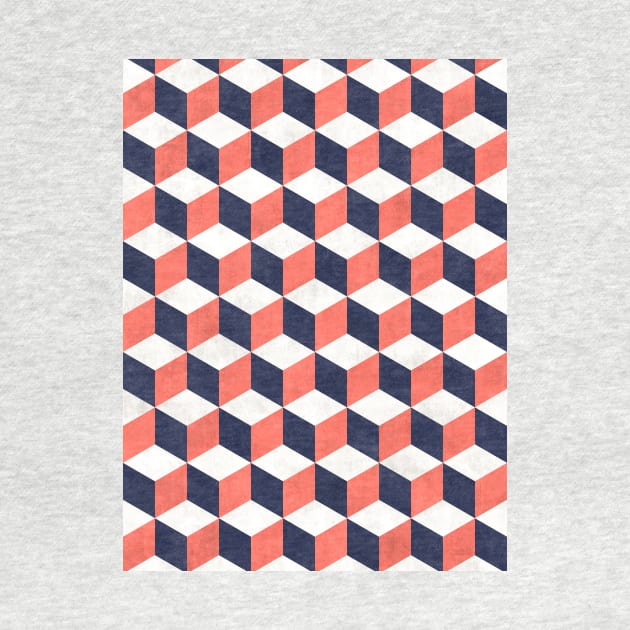 Geometric Cube Pattern - Coral, White, Blue Concrete by ZoltanRatko